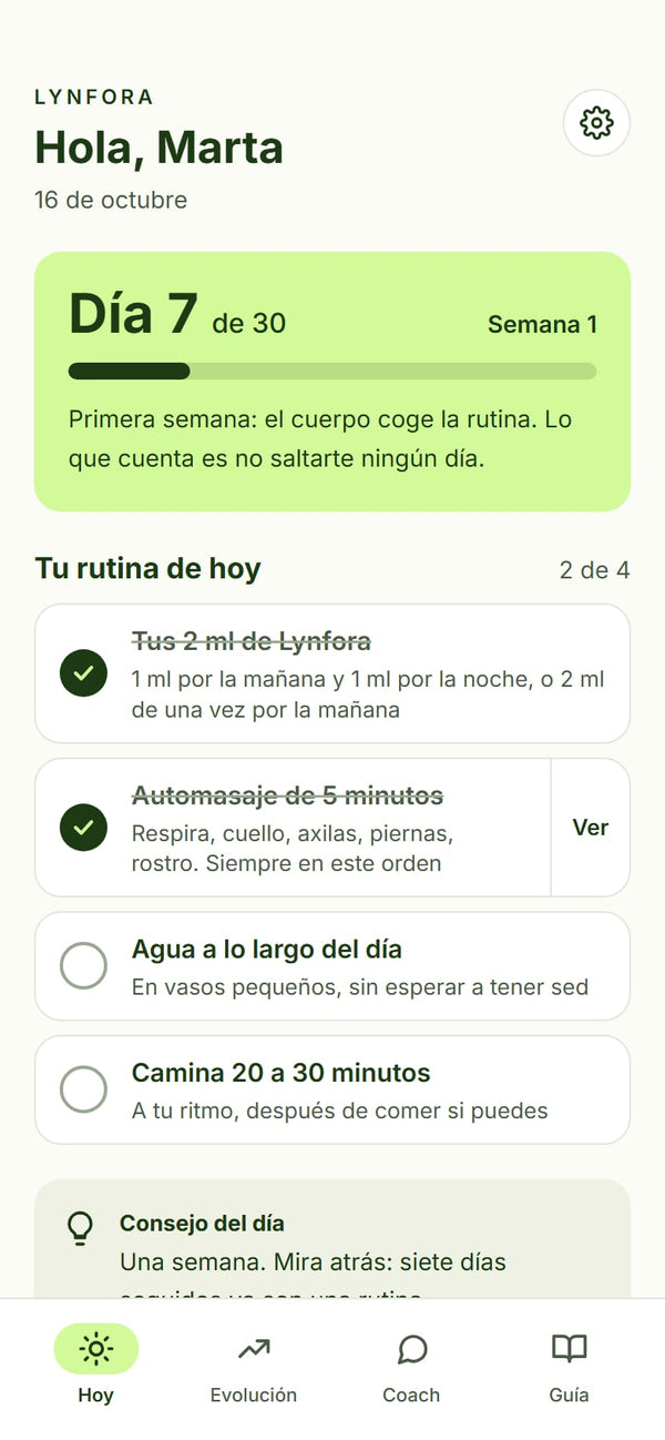 Pantalla Hoy de la app Lynfora: tu día del programa y tu rutina para marcar