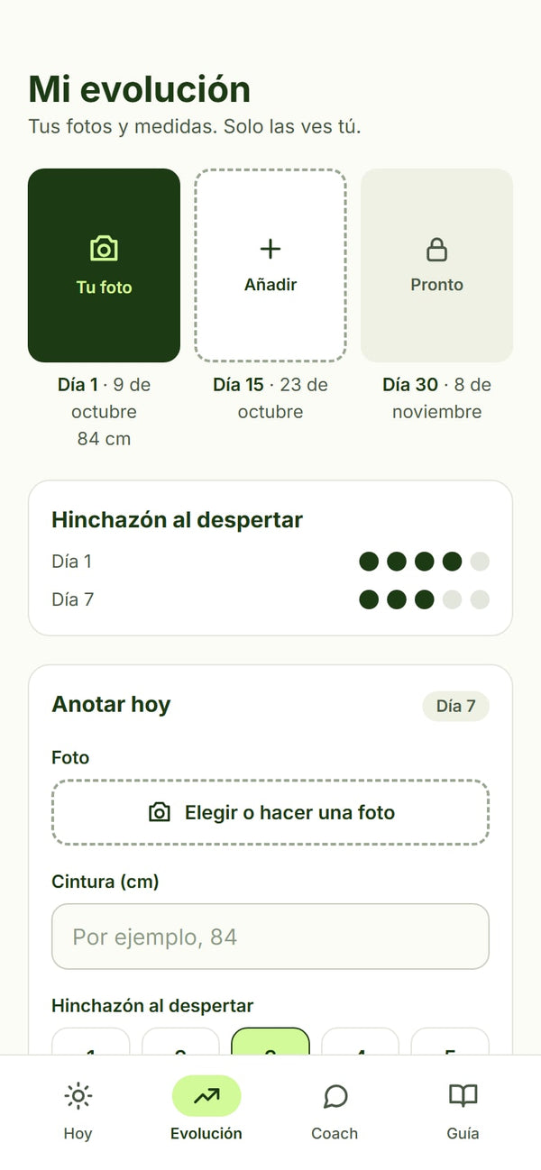 Pantalla Mi evolución: fotos y medida de cintura los días 1, 15 y 30